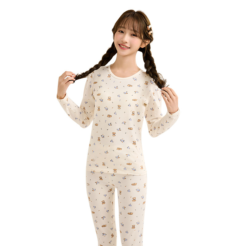 Moteriškas šilto pižamos komplektas iš super minkštos medvilnės rudens–žiemos sezonui, gyvūnų raštas, apvalus kaklas, ilgos rankovės, ilgos kelnės