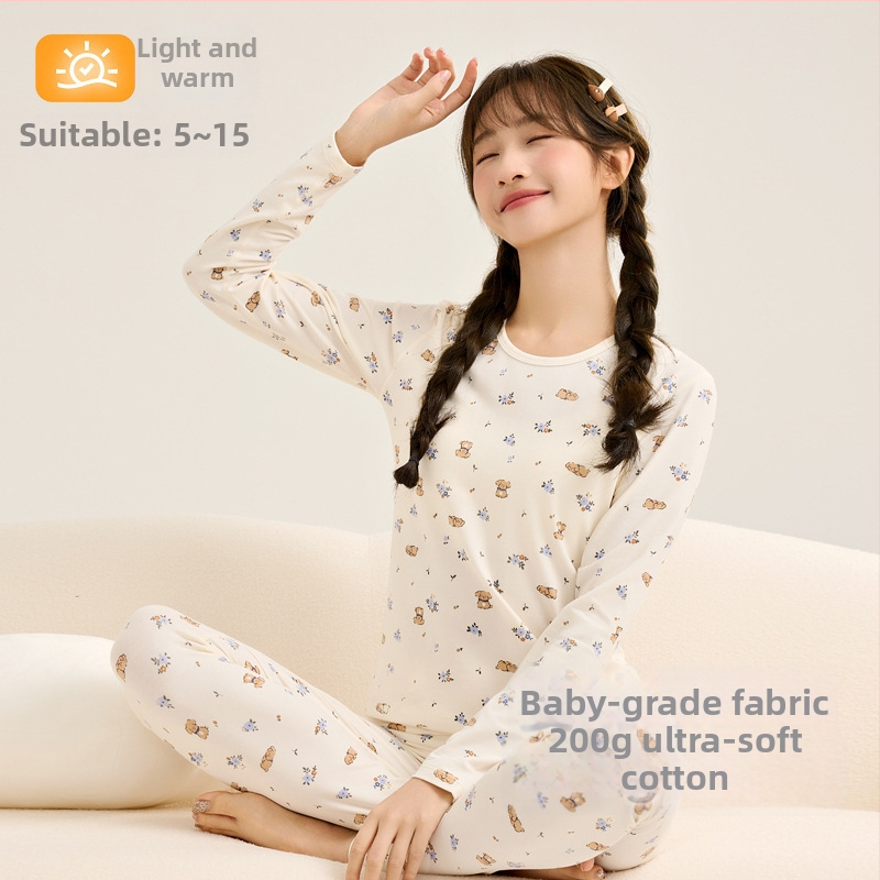 Moteriškas šilto pižamos komplektas iš super minkštos medvilnės rudens–žiemos sezonui, gyvūnų raštas, apvalus kaklas, ilgos rankovės, ilgos kelnės