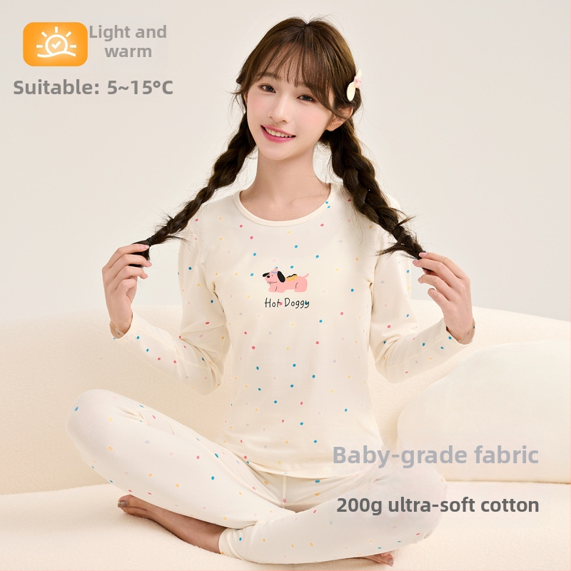 Moteriškas šilto pižamos komplektas iš super minkštos medvilnės rudens–žiemos sezonui, gyvūnų raštas, apvalus kaklas, ilgos rankovės, ilgos kelnės