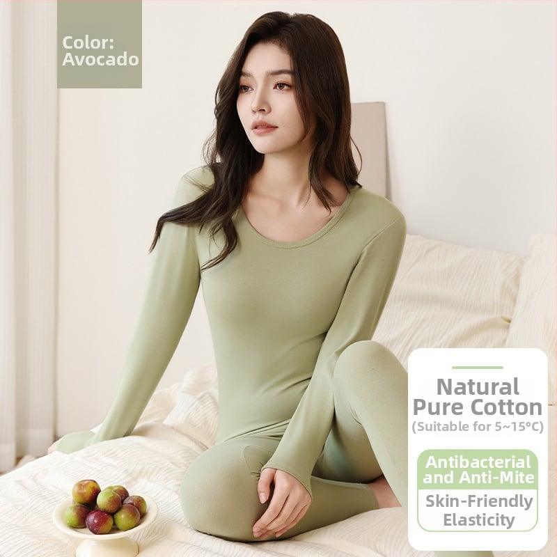 Moteriškas medvilninis terminis komplektas su ilgomis rankovėmis viršutiniam drabužiui ir kelnioms, antibakterinis, kvėpuojantis, išlaiko šilumą, 95–100% medvilnė, vidutinio storio 181–200 g/m²