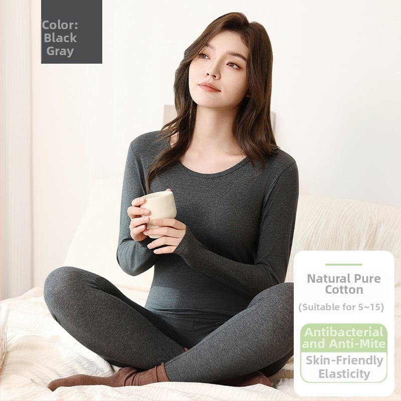 Moteriškas medvilninis terminis komplektas su ilgomis rankovėmis viršutiniam drabužiui ir kelnioms, antibakterinis, kvėpuojantis, išlaiko šilumą, 95–100% medvilnė, vidutinio storio 181–200 g/m²