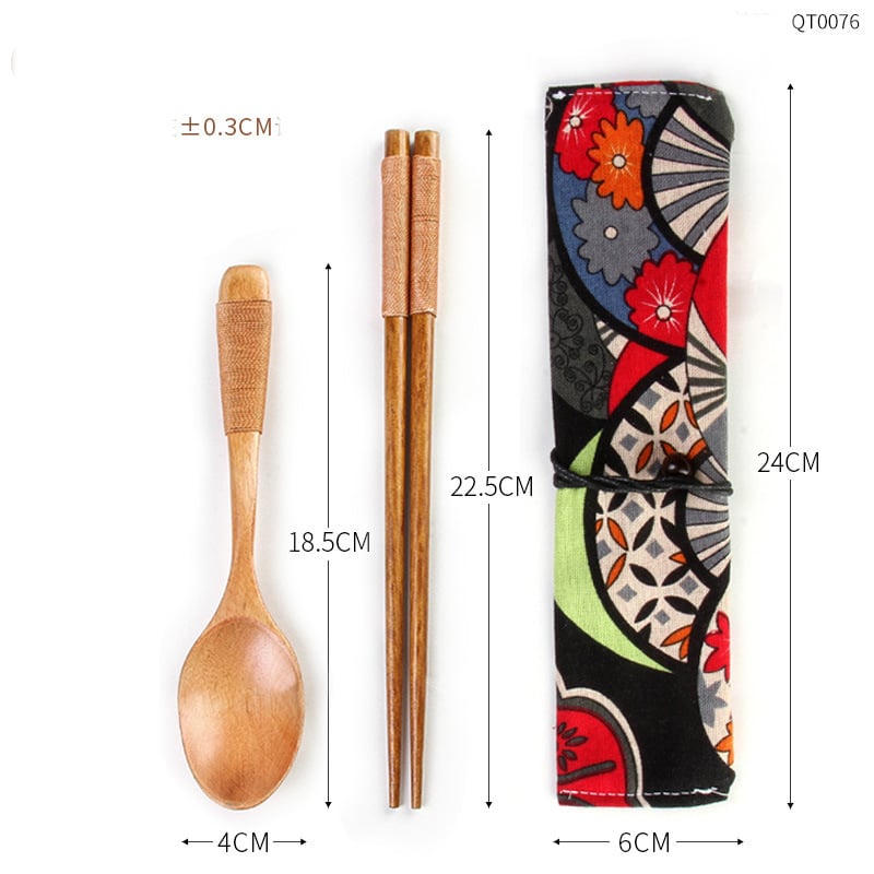 Σετ ξύλινων ξυλάκια και υφασμάτινων σακουλών για κουτάλια, Φορητό σετ για μαθητές, Σετ ξυλάκια και κουτάλια