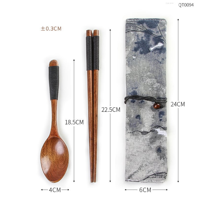 Σετ ξύλινων ξυλάκια και υφασμάτινων σακουλών για κουτάλια, Φορητό σετ για μαθητές, Σετ ξυλάκια και κουτάλια