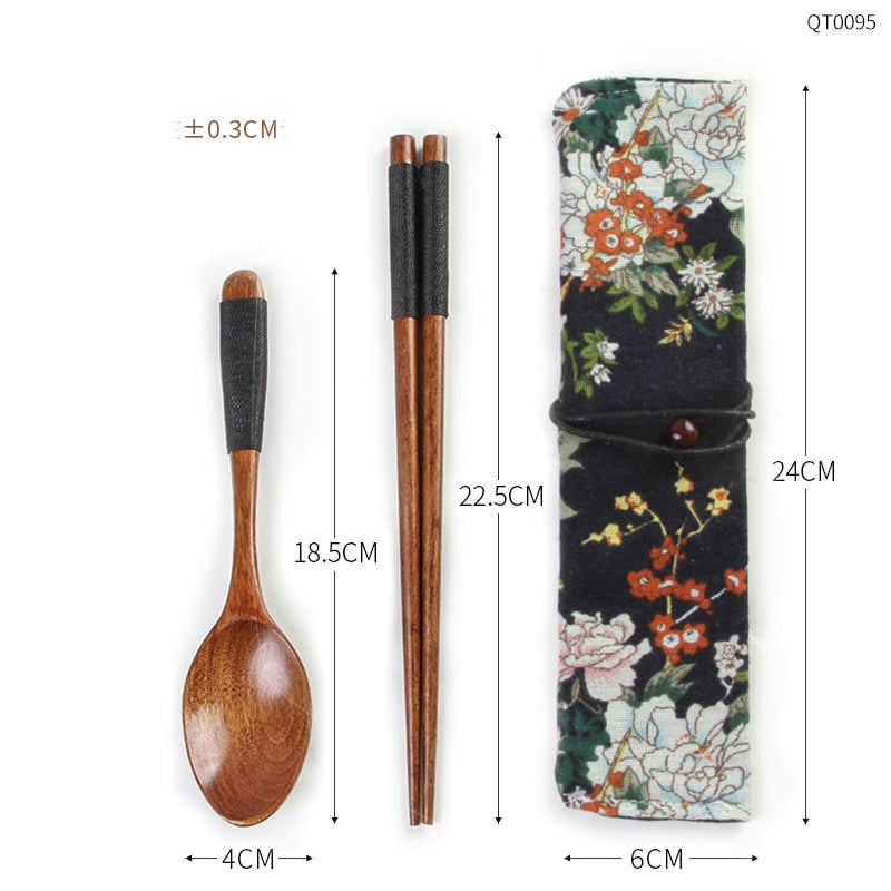 Σετ ξύλινων ξυλάκια και υφασμάτινων σακουλών για κουτάλια, Φορητό σετ για μαθητές, Σετ ξυλάκια και κουτάλια