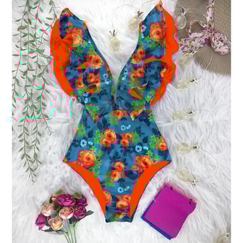 Costum de baie cu decolteu în V, spate gol, cu volane și imprimeu, față-verso, stil european și american nou 2026, costum de baie transfrontalier pentru femei