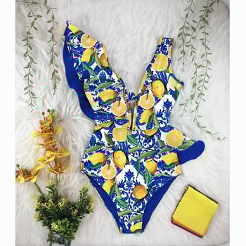 Costum de baie cu decolteu în V, spate gol, cu volane și imprimeu, față-verso, stil european și american nou 2026, costum de baie transfrontalier pentru femei