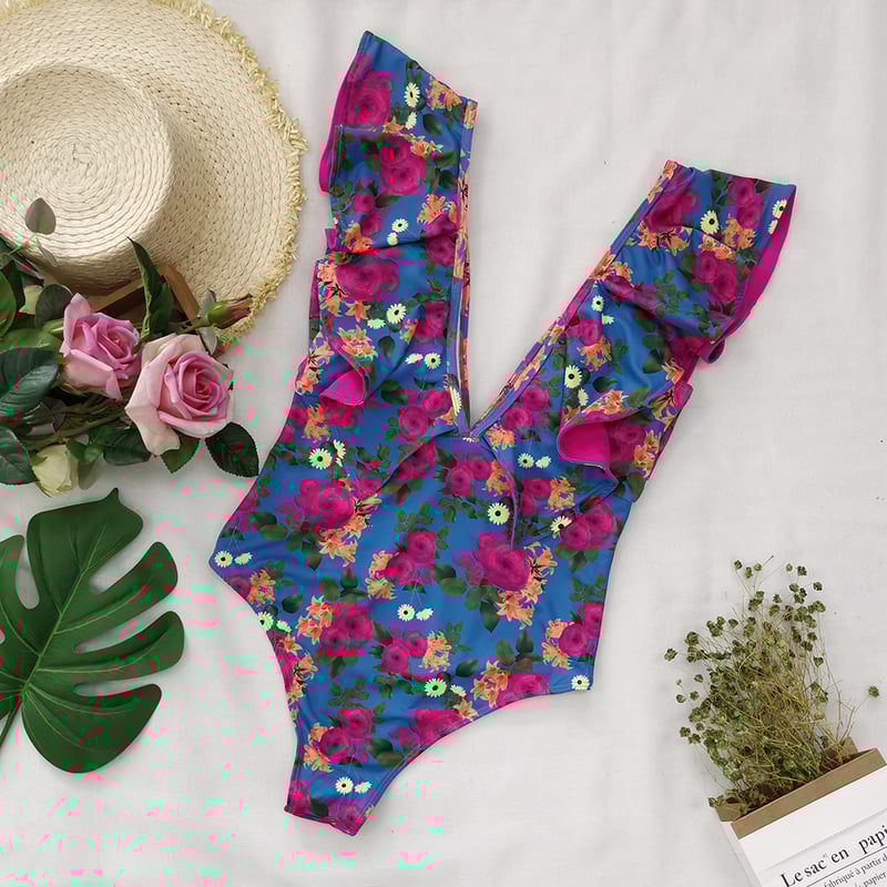 Costum de baie cu decolteu în V, spate gol, cu volane și imprimeu, față-verso, stil european și american nou 2026, costum de baie transfrontalier pentru femei