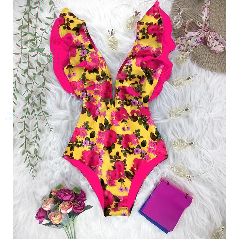 Costum de baie cu decolteu în V, spate gol, cu volane și imprimeu, față-verso, stil european și american nou 2026, costum de baie transfrontalier pentru femei