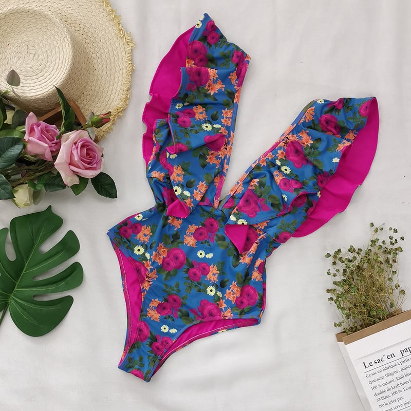 Costum de baie cu decolteu în V, spate gol, cu volane și imprimeu, față-verso, stil european și american nou 2026, costum de baie transfrontalier pentru femei