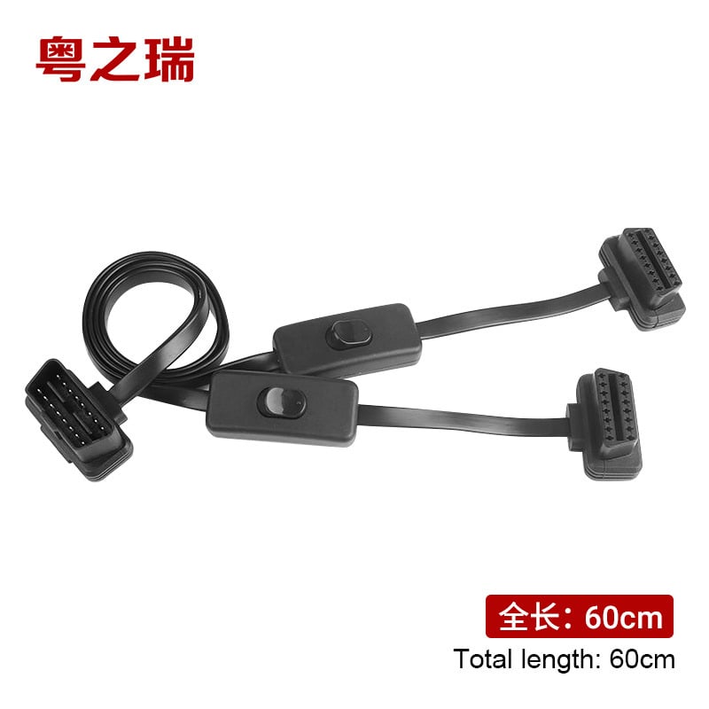 Automašīnas OBD2 pagarinātāja kabelis 1-pret-2 dalītājam, plakans kabelis, 1-pret-2 adaptera kabelis, 60 cm