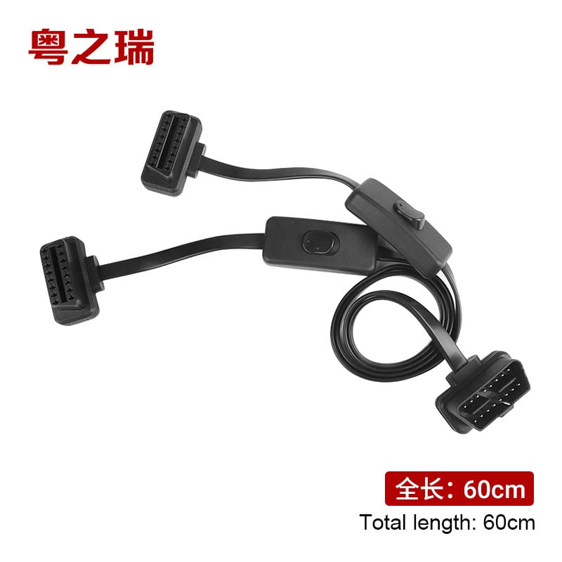 Automašīnas OBD2 pagarinātāja kabelis 1-pret-2 dalītājam, plakans kabelis, 1-pret-2 adaptera kabelis, 60 cm