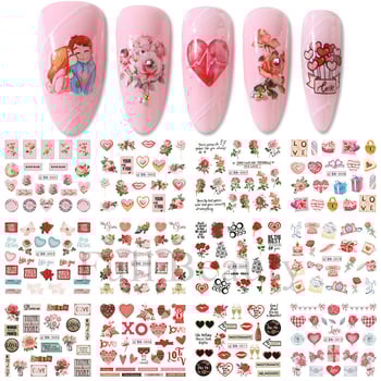 Naljepnice za nokte za Valentinovo preko granica, uključujući medvjediće, ruže, srca, slova i stabla ljubavi, naljepnice za nokte s vodenim žigom