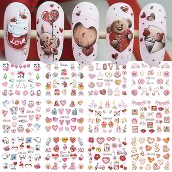 Naljepnice za nokte za Valentinovo preko granica, uključujući medvjediće, ruže, srca, slova i stabla ljubavi, naljepnice za nokte s vodenim žigom