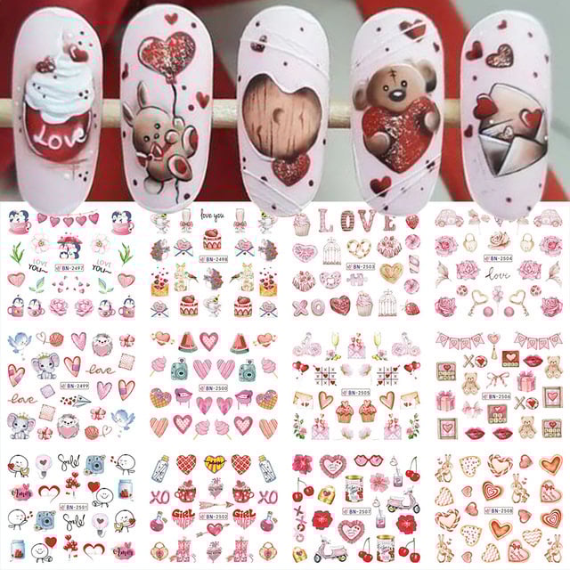 Naljepnice za nokte za Valentinovo preko granica, uključujući medvjediće, ruže, srca, slova i stabla ljubavi, naljepnice za nokte s vodenim žigom