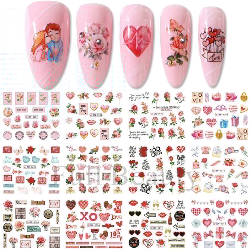 Naljepnice za nokte za Valentinovo preko granica, uključujući medvjediće, ruže, srca, slova i stabla ljubavi, naljepnice za nokte s vodenim žigom