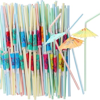 Isetehtud vihmavarjukõrred, 100 tk Hawaii peokaunistusi, fluorestseeruvad vihmavarjukõrred, kokkupandavad ühekordselt kasutatavad plastkõrred, ananass