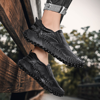 Pantofi de lucru bărbați, respirabili, casual – partea superioară din piele sintetică, talpă din cauciuc, vârf rotund, toc mic, slip-on