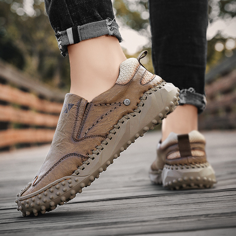 Pantofi de lucru bărbați, respirabili, casual – partea superioară din piele sintetică, talpă din cauciuc, vârf rotund, toc mic, slip-on