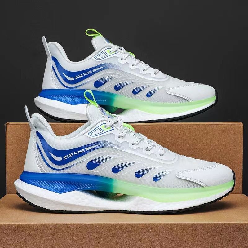 Férfi hálós futócipő – felső rész hálószövésű, légáteresztő, alacsony felső rész, fűzős zárás, EVA belső talp, vulkanizált gumitalp.