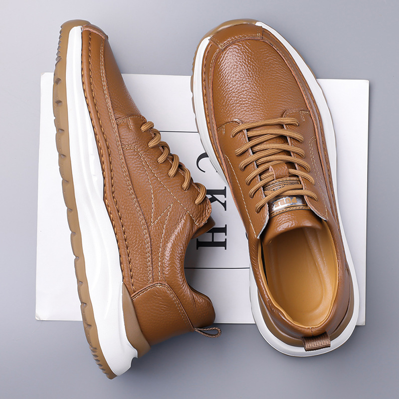 Pantofi sport casual pentru bărbați, partea superioară din piele de prim strat, talpă din cauciuc, șireturi, talpă joasă, rezistenți la uzură