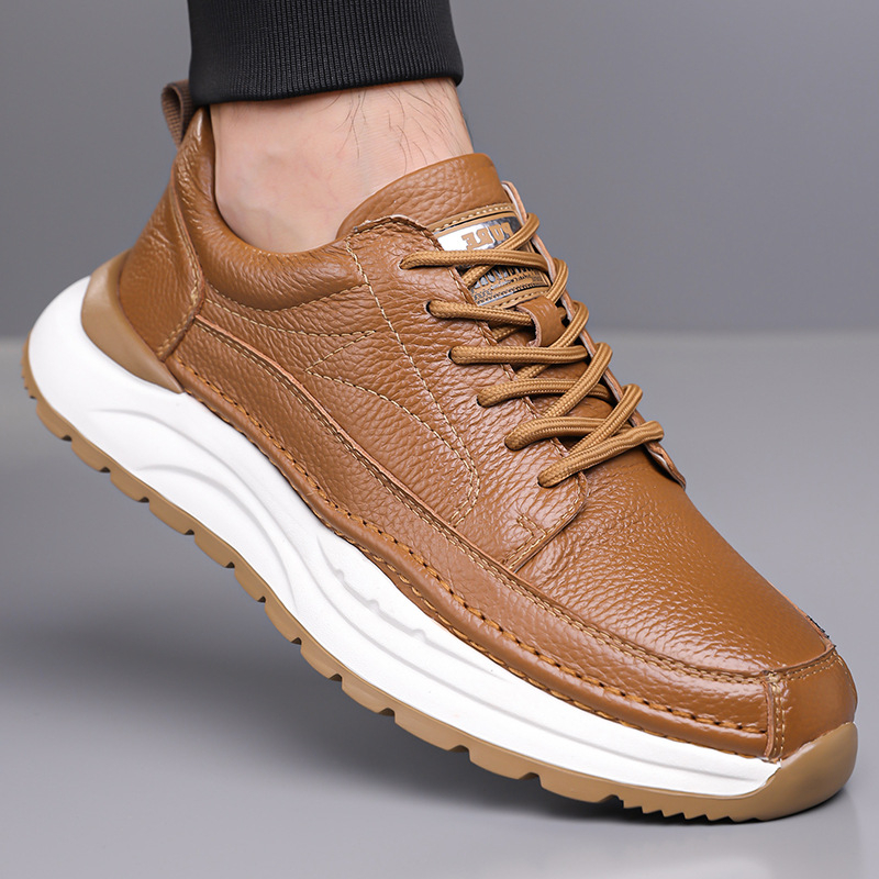 Pantofi sport casual pentru bărbați, partea superioară din piele de prim strat, talpă din cauciuc, șireturi, talpă joasă, rezistenți la uzură