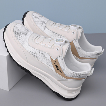 Pantofi sport casual pentru bărbați, partea superioară respirabilă din piele și material textil, talpă din cauciuc, branț PU, talpă groasă, vârf rotund