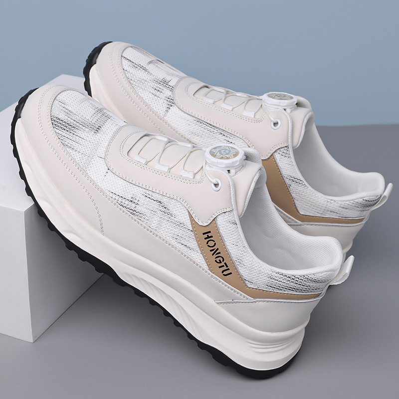 Pantofi sport casual pentru bărbați, partea superioară respirabilă din piele și material textil, talpă din cauciuc, branț PU, talpă groasă, vârf rotund