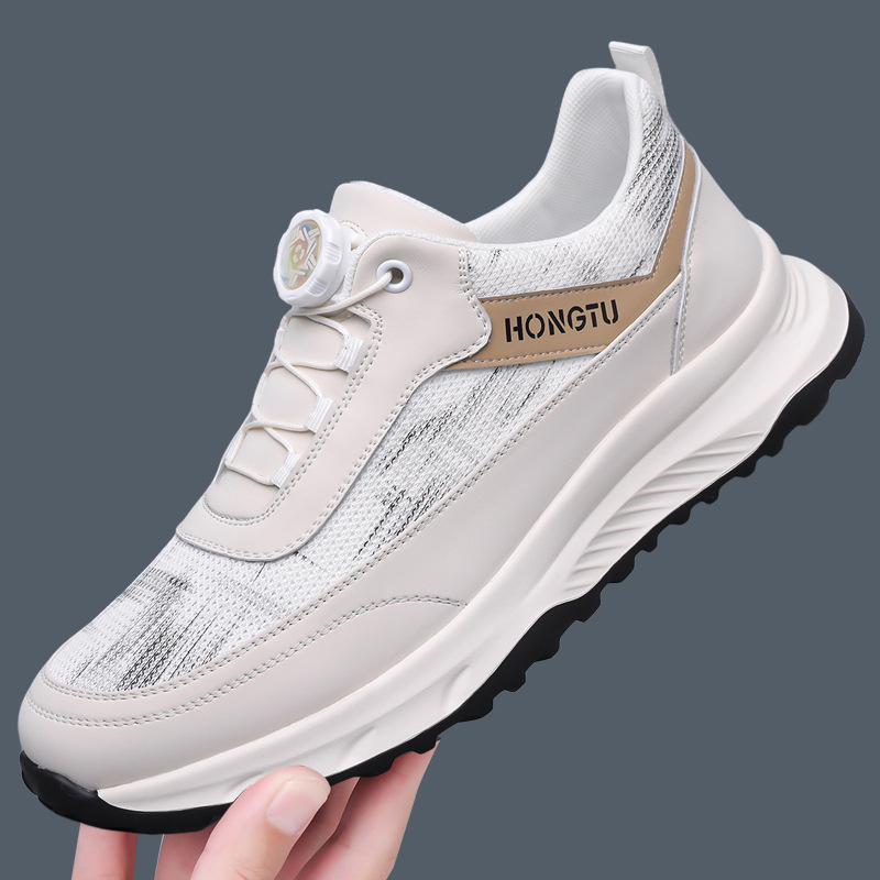 Pantofi sport casual pentru bărbați, partea superioară respirabilă din piele și material textil, talpă din cauciuc, branț PU, talpă groasă, vârf rotund