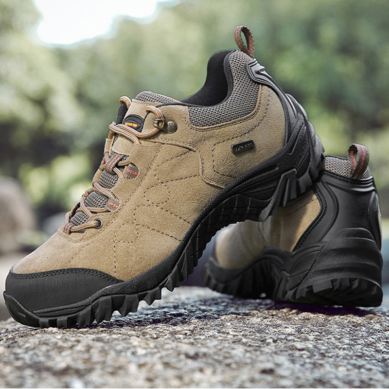 Pantofi de drumeție pentru bărbați, partea superioară din piele, impermeabili, talpă din cauciuc, închidere cu șireturi