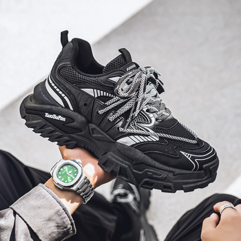 Muške cipele Dad Shoes s PU+mesh gornjim dijelom, prozračne, povećavaju visinu, debela potplata, vezanje, ležerni stil