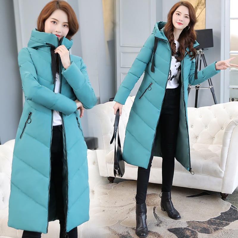 Naiste talvemantel puuvillase täidisega, suur suurus, pikk, liibuva lõikega, Korea stiilis, põlvekõrgust kõrgem jope, täidetud udusulgede ja puuvillase täidisega, sobib pluss-suuruses naistele. 