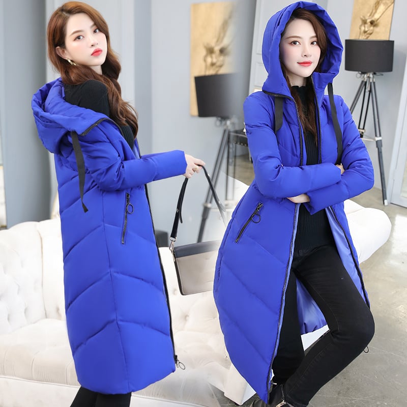 Naiste talvemantel puuvillase täidisega, suur suurus, pikk, liibuva lõikega, Korea stiilis, põlvekõrgust kõrgem jope, täidetud udusulgede ja puuvillase täidisega, sobib pluss-suuruses naistele. 