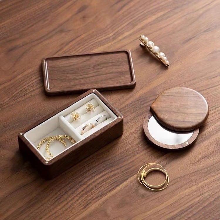 Cutie de inele din lemn de nuc, compactă și portabilă, design modern minimalist, model S9142