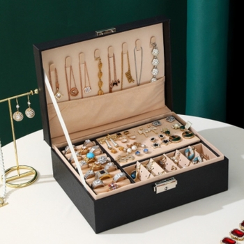 Κουτί αποθήκευσης κοσμημάτων PU, διπλού επιπέδου σχεδίαση με κλειδαριά, σκληρή θήκη, για αλυσίδες, σκουλαρίκια και βραχιόλια, στυλ Sweet Lady