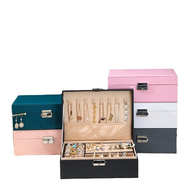Κουτί αποθήκευσης κοσμημάτων PU, διπλού επιπέδου σχεδίαση με κλειδαριά, σκληρή θήκη, για αλυσίδες, σκουλαρίκια και βραχιόλια, στυλ Sweet Lady