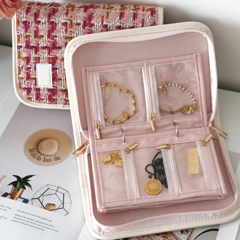 Βελούδινη τσάντα κοσμημάτων, στυλ clutch, φρέσκο και γλυκό στυλ, ριγέ μοτίβο, μαλακή επιφάνεια, δυνατότητα παραμετροποίησης