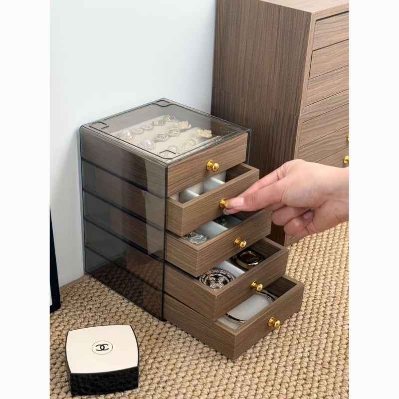 Κουτί κοσμημάτων τριών επιπέδων με σχέδιο καρυδιάς από ξύλο για κολιέ, σκουλαρίκια, δαχτυλίδια και βραχιόλια