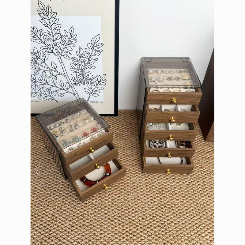 Κουτί κοσμημάτων τριών επιπέδων με σχέδιο καρυδιάς από ξύλο για κολιέ, σκουλαρίκια, δαχτυλίδια και βραχιόλια