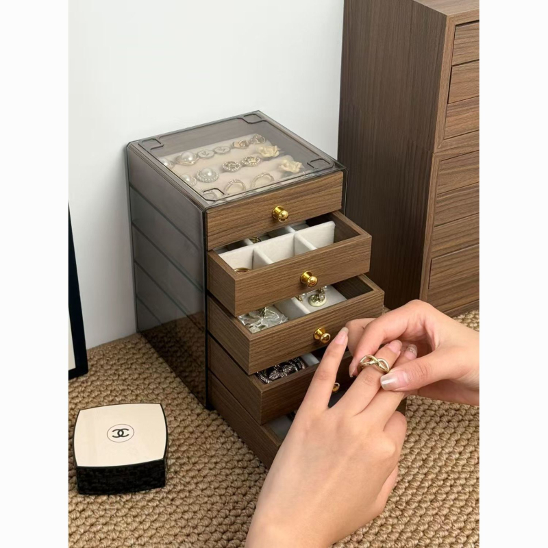 Κουτί κοσμημάτων τριών επιπέδων με σχέδιο καρυδιάς από ξύλο για κολιέ, σκουλαρίκια, δαχτυλίδια και βραχιόλια