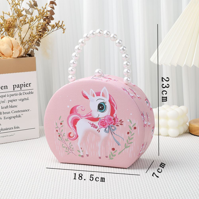 Prijenosna kutija za nakit za djecu s jednorogom, kožni materijal, karikatura dizajn, 3D perle ukrasi