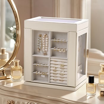 6-slāņaina ādas rotaslietu kaste uz galda ar griežamu logu, putekļu izturīga uzglabāšana kaklarāmām, gredieniem un auskarām