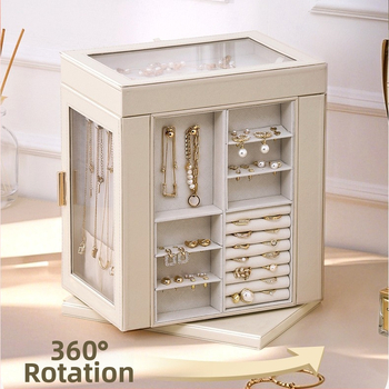 6-slāņaina ādas rotaslietu kaste uz galda ar griežamu logu, putekļu izturīga uzglabāšana kaklarāmām, gredieniem un auskarām