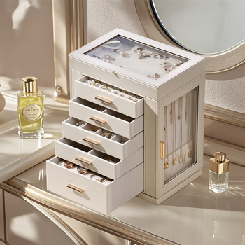 6-slāņaina ādas rotaslietu kaste uz galda ar griežamu logu, putekļu izturīga uzglabāšana kaklarāmām, gredieniem un auskarām