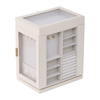 6-slāņaina ādas rotaslietu kaste uz galda ar griežamu logu, putekļu izturīga uzglabāšana kaklarāmām, gredieniem un auskarām