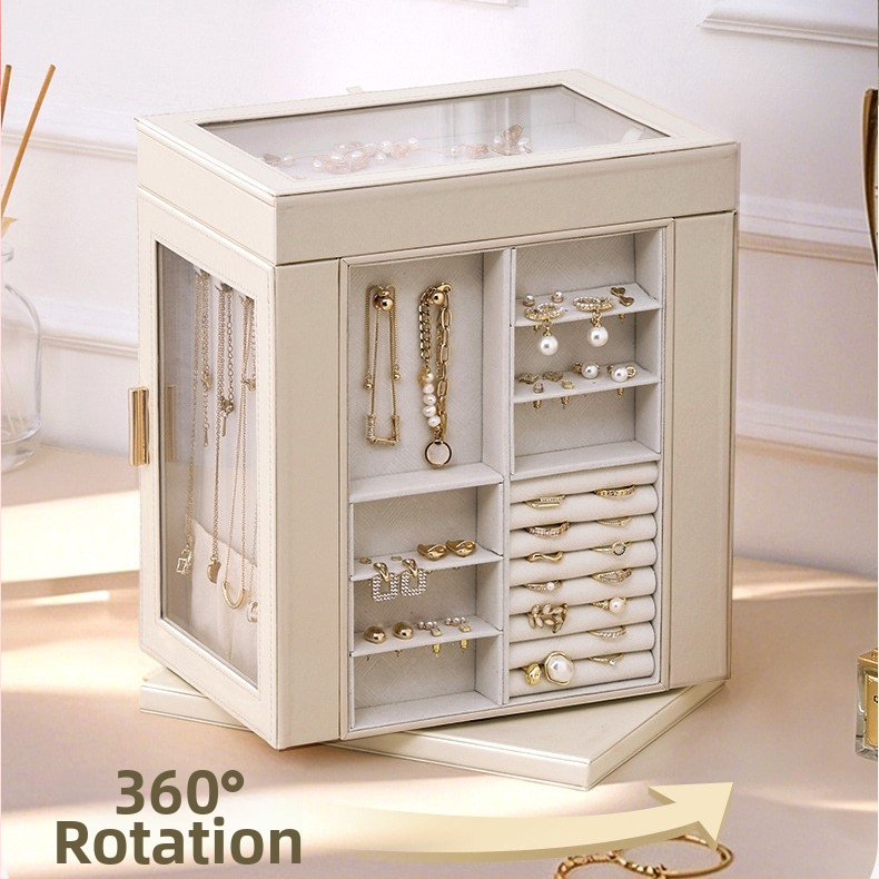 6-vrstvá kožená šperkovnica na stolné použitie s otáčacím oknom, prachotesná na ukladanie náhrdelníkov, prsteňov a náušníc