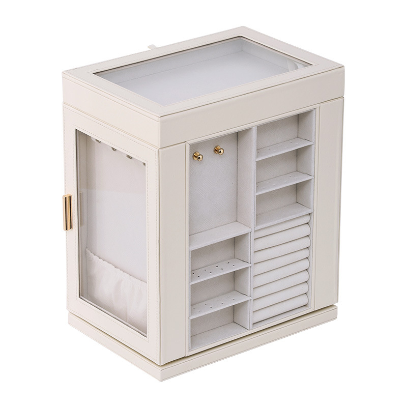 6-slāņaina ādas rotaslietu kaste uz galda ar griežamu logu, putekļu izturīga uzglabāšana kaklarāmām, gredieniem un auskarām
