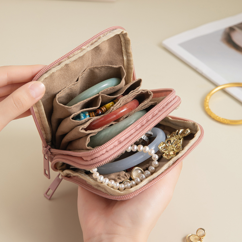 Geantă pentru bijuterii, design clutch portabil, moale, structură multistrat din țesătură twill și piele întoarsă