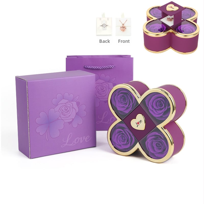 Kaklarotas dāvanu kastīte ar slēgtu četru lapu rozes mehānismu, plastmasas korpuss, kartona iepakojums, iekļauj dāvanu kastīti ar ziediem un somu