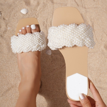 Brățări de damă cu perle, nuntă romantică, cu vârf pătrat, sandale plate confortabile, disponibile pentru dropshipping, casual și versatile