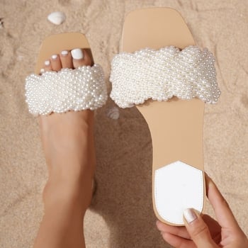 Brățări de damă cu perle, nuntă romantică, cu vârf pătrat, sandale plate confortabile, disponibile pentru dropshipping, casual și versatile